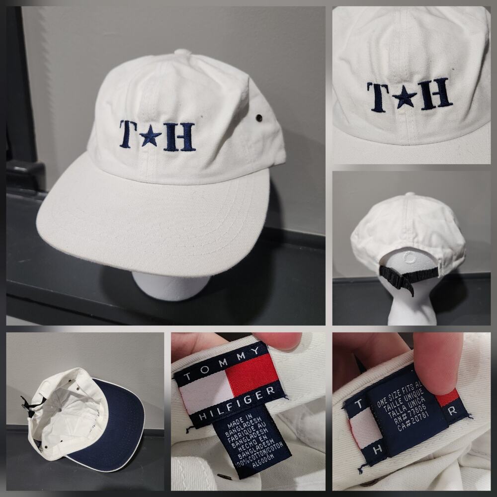 VTG 90s Y2K‎ Tommy Hilfiger TH Logo White Adjustable Strapback Hat Cap Mens OSFA